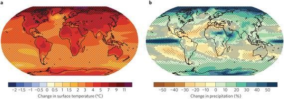 Figura 2 – Representações das mudanças globais na temperatura e na precipitação produzidas por modelos do IPCC. | Fonte: Painel Intergovernamental de Mudanças Climáticas, Fifth Assessment Report (IPCC AR5), 2014.