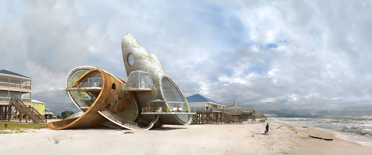 “Dauphin Island" é um ensaio fotográfico de 2011 em que o artista Dionisio González imagina habitações de ferro e concreto ao invés de madeira no que parece ser uma mistura de espaçonaves e casas de praia na Ilha de Dauphin, no Golfo do México. Disponível em:http://www.dionisiogonzalez.es/