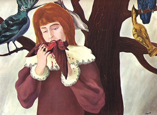 (“A menina comendo pássaro”, Renne Magritte, 1927.  Óleo sobre tela, 74x97 cm, Alemanha)